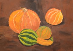 Orange And Green Pumpkins On Brown Background. Children's Drawing (gouache, Paper)