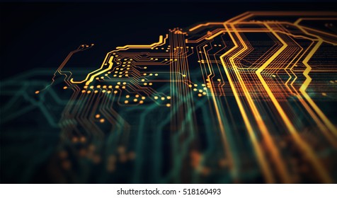 Orange and green technology background circuit board and html code,3D illustration. Orange and green technology background. 3D Rendering