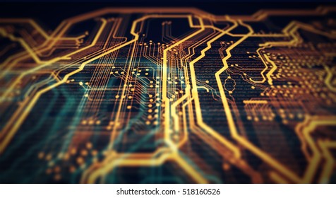 Orange and green technology background circuit board and html code,3D illustration. Orange and green technology background. 3D Rendering
