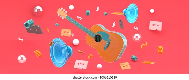 An orange guitar and blue speakers amid balls and tape on a pink background 3D render.