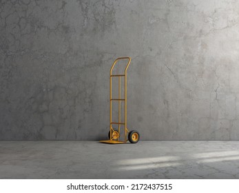 Orange Hand Truck Mock Up In Warehouse With Concrete Walls, 3d Rendering