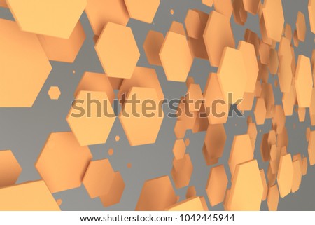 Orange hexagons of random size on white background. Abstract background with hexagons. Cloud of hexagons in front of wall. 3D rendering illustration