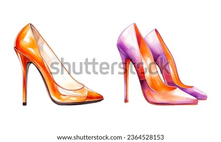 Orange high heels in watercolor style illustration for woman, pair of beautiful high heel