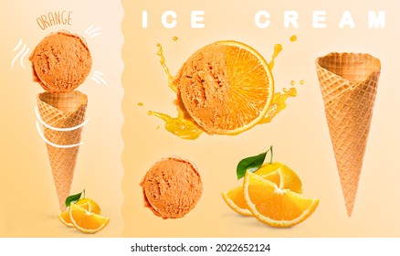 Orange ice cream. explosion of orange juice and ice cream ball with cone and orange segments photography on colored background. 3D illustration for banners, landing pages and web pages with summer mot - Powered by Shutterstock