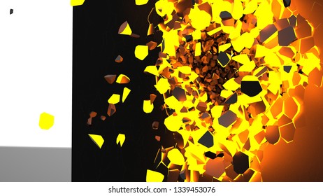 Orange illuminating wall damaged with great force under black-white background. 3D high quality rendering.