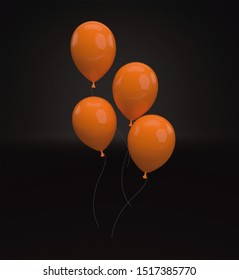 Orange inflated balloons isolated on black background. Party balloons 3D render