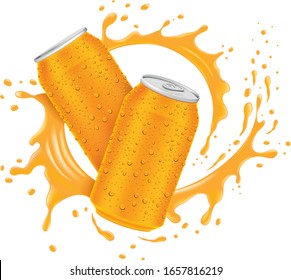 Orange Juice Can, Splash With Many Juice Drops