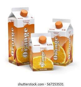 Orange Juice Carton Cardboard Box Pack Isolated On White Background. 3d Illustartion