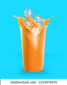 Orange Juice In A Plastic Transparent Cup Blue Background