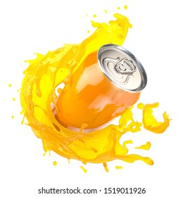 Orange Juice Or Soda Can With Orange Splash Isolated On White. 3d Illustration