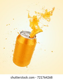 Orange Juice Splash Can,fresh Liquid Or Soda Splash With Fresh Water Drop,3d Illustration With Clipping Path.