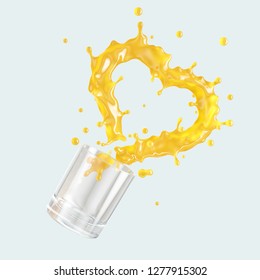 Orange Juice Splash In The Form Of Heart. Fruits Juice Splashing Out Of Glass - Citrus, Tangerine, Lemon, Pineapple, Peach, Mango Juice Isolated. Valentines Day Concept. Clipping Path. 3D Render