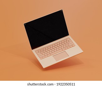 Orange Laptop On A Orange Background. 3d Illustration. Render. Laptop At An Angle.
