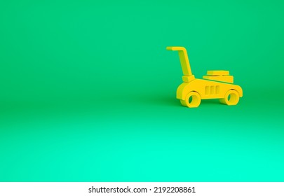 Orange Lawn Mower Icon Isolated On Green Background. Lawn Mower Cutting Grass. Minimalism Concept. 3d Illustration 3D Render.