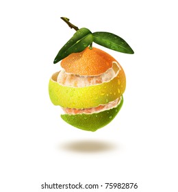 Orange, Lemon, Lime Peel Wound Around A Orange Fruit Against White Background Illustration.
