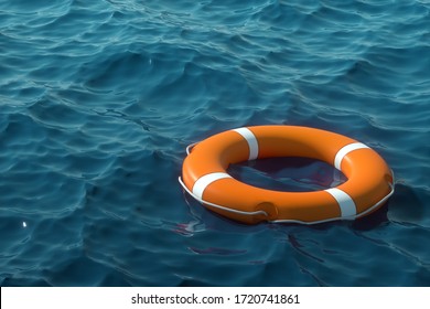 Orange Lifebuoy On The Water. The Concept Of Help, Rescue, Drowning, Storm. Copy Space. 3D Illustration, 3D Rendering