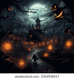 orange light grey door woods black forest trees moon light white light tree fence pumpkins light  weird man walking bat house windows pumpkin face cloudy
winter October spooky background for halloween - Powered by Shutterstock