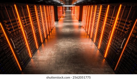 Orange lights server room data center  technology equipment 3d