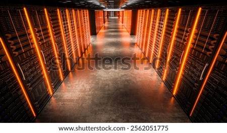 Orange lights server room data center  technology equipment 3d