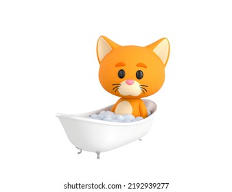 Orange Little Cat Character Lying In Bath Tub With Foam In 3d Rendering.