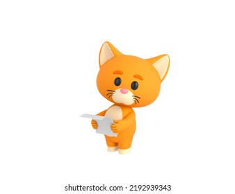 Orange Little Cat Character Reading Paper And Looking To Camera In 3d Rendering.