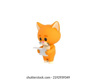 Orange Little Cat Character Reading Paper In 3d Rendering.