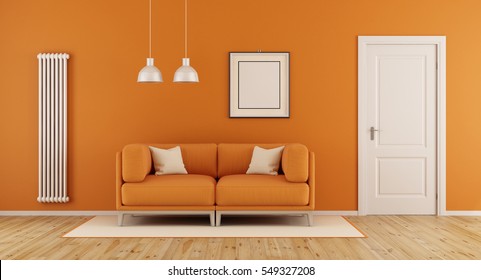 Orange Living Room With Modern Couch,closed Door And Vertical Heater-3d Rendering