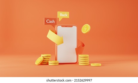 Orange Mobile Phone Mockup With Orange Blank Screen And Carboard Box With Gifts. Shipping Service. Shopping Online And E-commerce Concept. 3d Rendering Illustration.