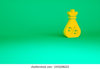 Orange Money Bag With Percent Icon Isolated On Green Background. Cash Banking Currency Sign. Minimalism Concept. 3d Illustration 3D Render.