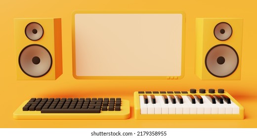 Orange Monochromatic Home Music Studio Consisting Of Midi Keyboard And Desktop Computer. 3d Rendering.