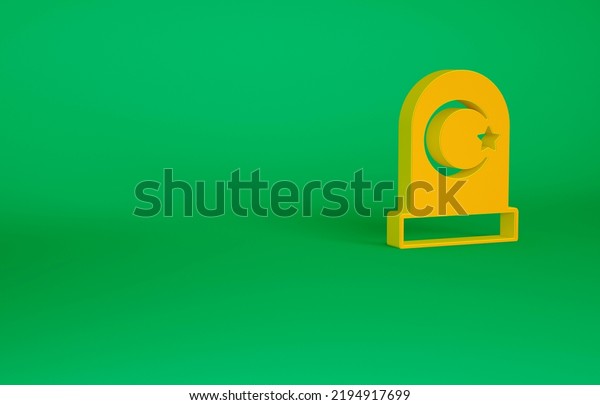 Orange Muslim cemetery icon isolated on green\
background. Islamic gravestone. Minimalism concept. 3d illustration\
3D render.