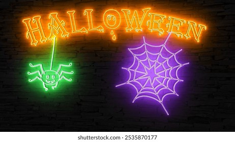 orange neon sign HALLOWEEN with green neon sign spider next to purple neon sign spiders web with star, illuminated on dark brick wall background, perfect for marketing, advertisement and invitations - Powered by Shutterstock