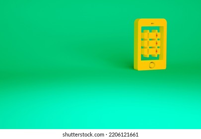 Orange Online Ticket Booking And Buying App Interface Icon Isolated On Green Background. E-tickets Ordering. Electronic Train Ticket On Screen. Minimalism Concept. 3d Illustration 3D Render.