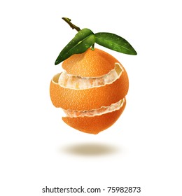 Orange Peel Wound Around A Orange Fruit Against White Background, Illustration.