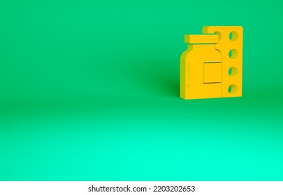 Orange Pills In Blister Pack Icon Isolated On Green Background. Medical Drug Package For Tablet, Vitamin, Antibiotic, Aspirin. Minimalism Concept. 3d Illustration 3D Render.