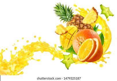 Orange, Pineapple, Mango Fruit Juices Liquid 3D Splash Mix. Healthy Fruits Juice Or Smoothie Splash Label Ad Banner Design With Orange, Pineapple, Mango Fruits And Juice Splash Wave Isolated On White