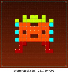 Orange pixel alien with lime crown blocks cyan side accents and deep red angular legs glows against a dark rust digital grid