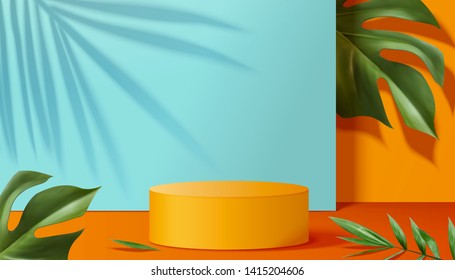 Orange Podium Stage With Tropical Plants In 3d Illustration