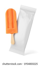 Orange popsicle ice-cream and clean package isolated on white background. 3D rendering and photo.