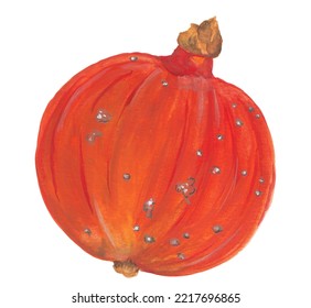 Orange Pumpkin Hand Painted Gouache Illustration. Autumn Clipart. Fall Seasonal Decor. Food, Recipe, Cooking Book Graphic Elements