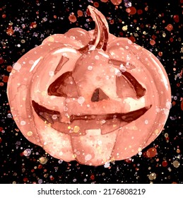 Orange Pumpkin Watercolor. Pumpkin For Halloween, For A Holiday. Night Party. Sinister Pumpkin. On Isolated  Background. Watercolor Postcard, Illustration, Logo.Halloween Invitation. Paint Splash 