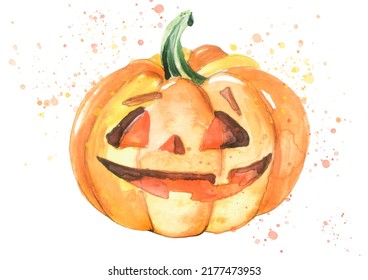 Orange Pumpkin Watercolor. Pumpkin For Halloween, For A Holiday. Night Party. Sinister Pumpkin. On Isolated  Background. Watercolor Postcard, Illustration, Logo.Halloween Invitation. Paint Splash 