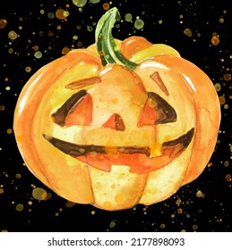 Orange Pumpkin Watercolor. Pumpkin For Halloween, For A Holiday. Night Party. Sinister Pumpkin. On Isolated  Background. Watercolor Postcard, Illustration, Logo.Halloween Invitation. Paint Splash 