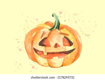 Orange Pumpkin Watercolor. Pumpkin For Halloween, For A Holiday. Night Party. Sinister Pumpkin. On Isolated  Background. Watercolor Postcard, Illustration, Logo.Halloween Invitation. Paint Splash 