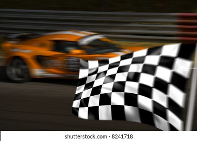 Orange racing car passing chequered flag with motion blur - Powered by Shutterstock