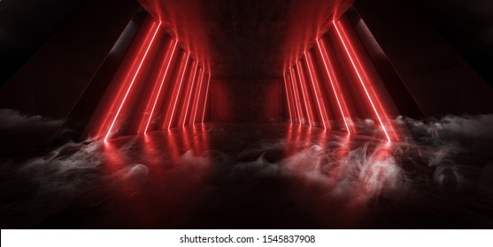 Orange Red Glowing Pylons Cement Concrete Hallway Tunnel Corridor Dark Underground Garage Gallery Stage Sci Fi Futuristic Modern Background 3D Rendering Illustration