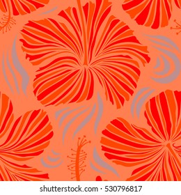 Orange Red Hibiscus Pattern Exotic Seamless Stock Illustration ...