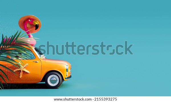 Orange retro car with pink\
flamingo on the roof ready for summer travel 3D Rendering, 3D\
Illustration