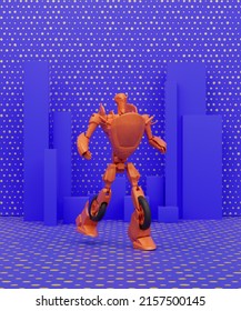 Orange Robot Toy In Purple Background, Kids Playground Object, 3d Rendering, Nobody