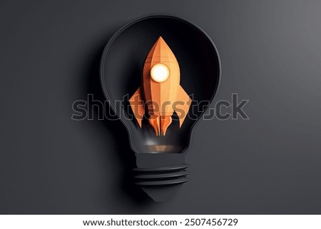 Orange rocket inside a lightbulb on a dark background, representing startup ideas, innovation, and entrepreneurship. 3D Rendering